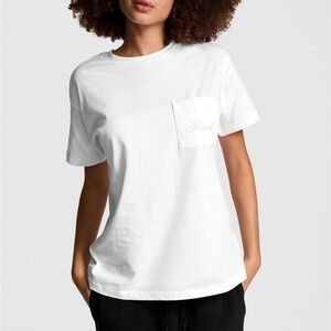 NWT Victoria’s Secret PINK XS Short Sleeve White Embroidered Logo Pocket Tee